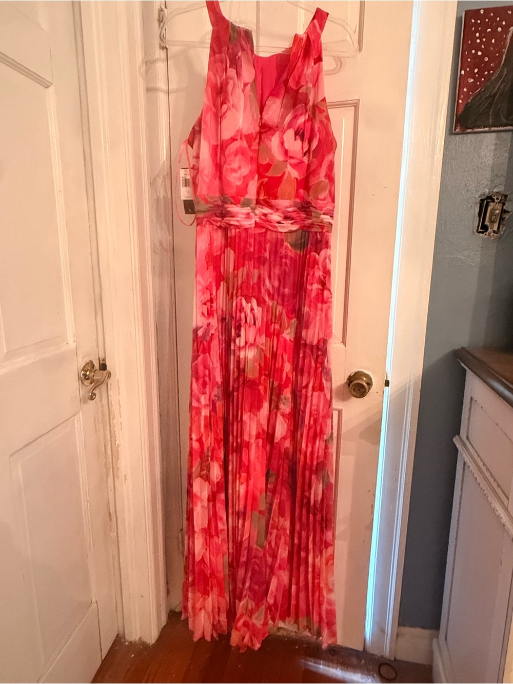Xscape Coral Pink Floral Pleated Maxi Dress